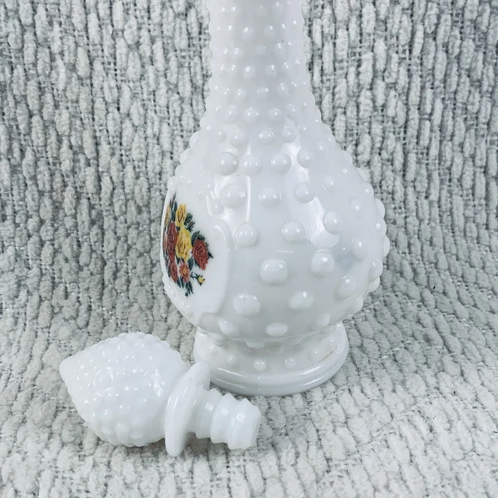 Vintage Hobnail Milk Glass Avon Cologne Bottle Decanter White Floral Flowers EUC